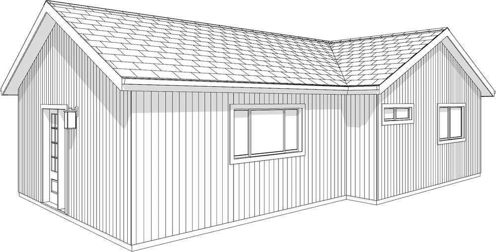 Black and white line rendering of a single-storey board and batten house with a shingle roof
