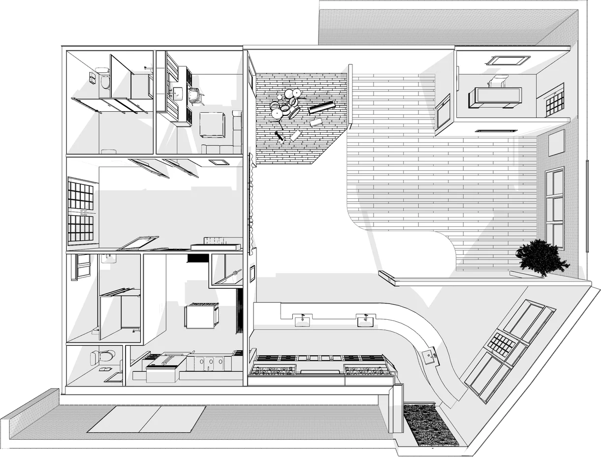 Black and white 3D cutaway of a furnished floor plan